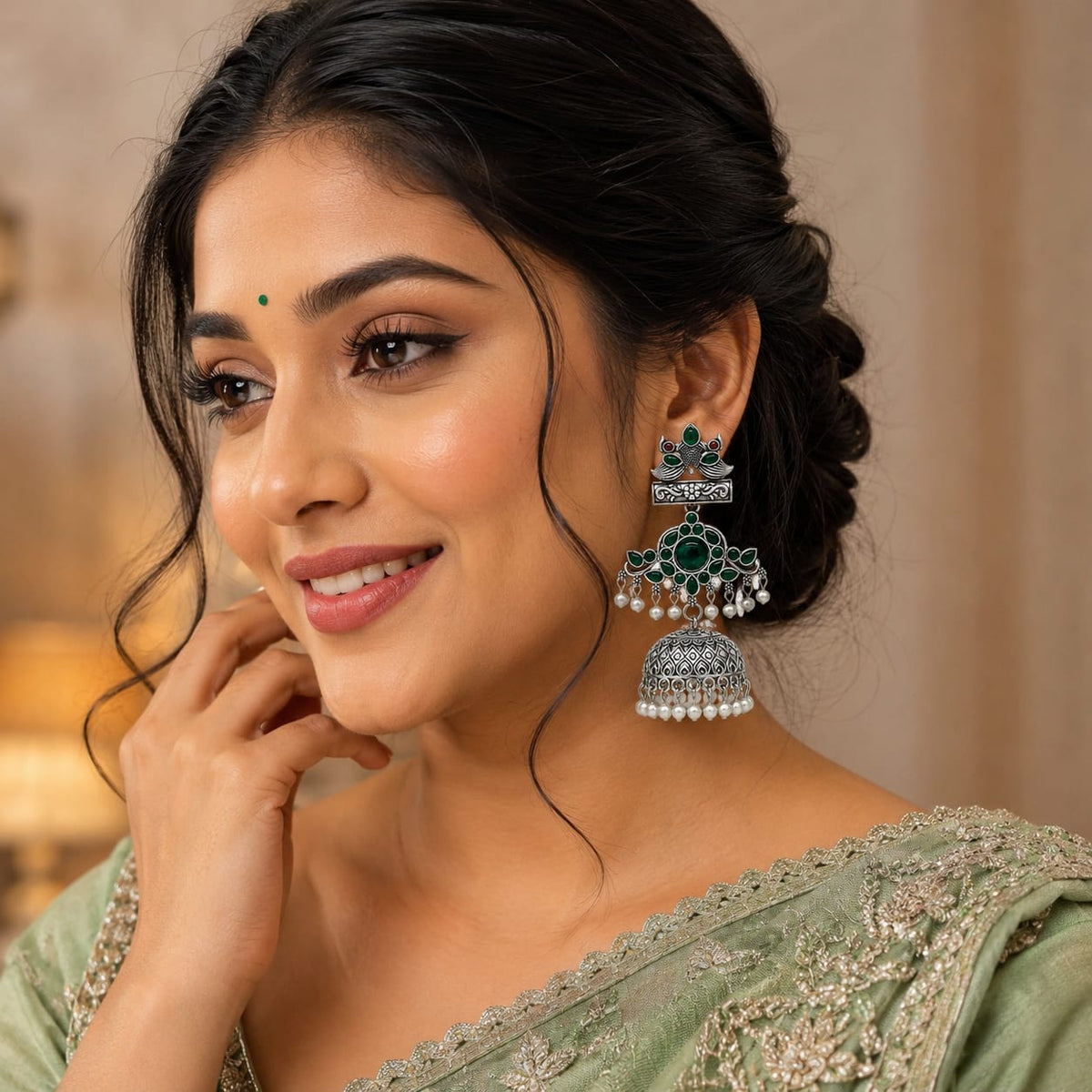 Green Peacock Jhumka Earrings in Oxidised Silver