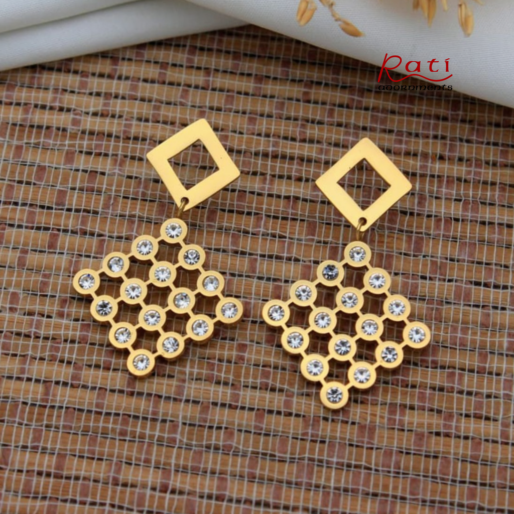 Gold CZ Grid Square Drop Earrings – Geometric Diamond Dangles