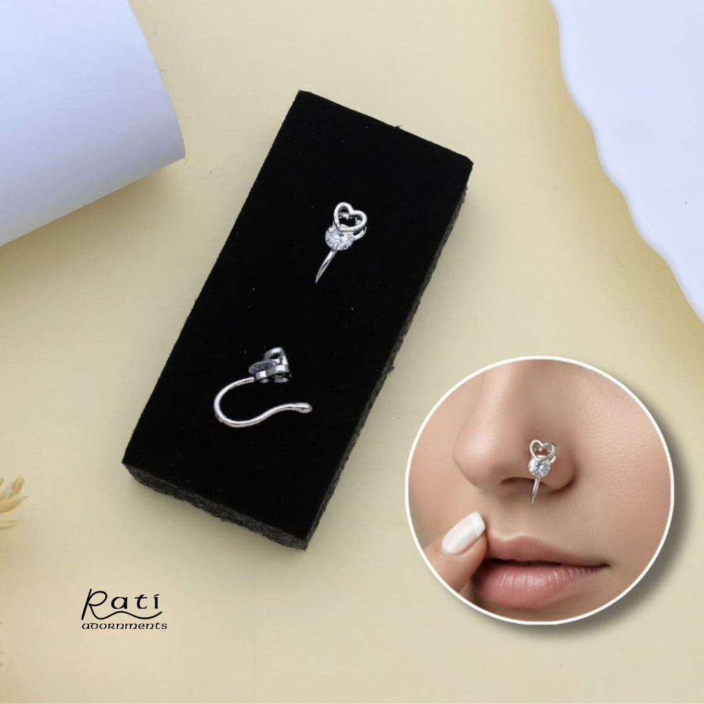 Silver Heart Nose Pin with Blue CZ Stone