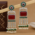 Oxidised Silver Peacock Chandbali with Red Onyx & Emerald Pearl Drops