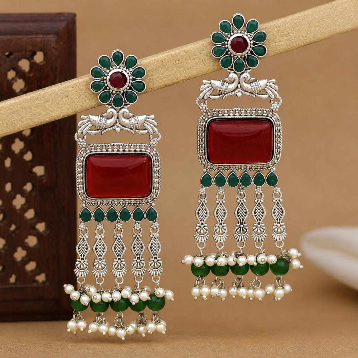Oxidised Silver Peacock Chandbali with Red Onyx & Emerald Pearl Drops