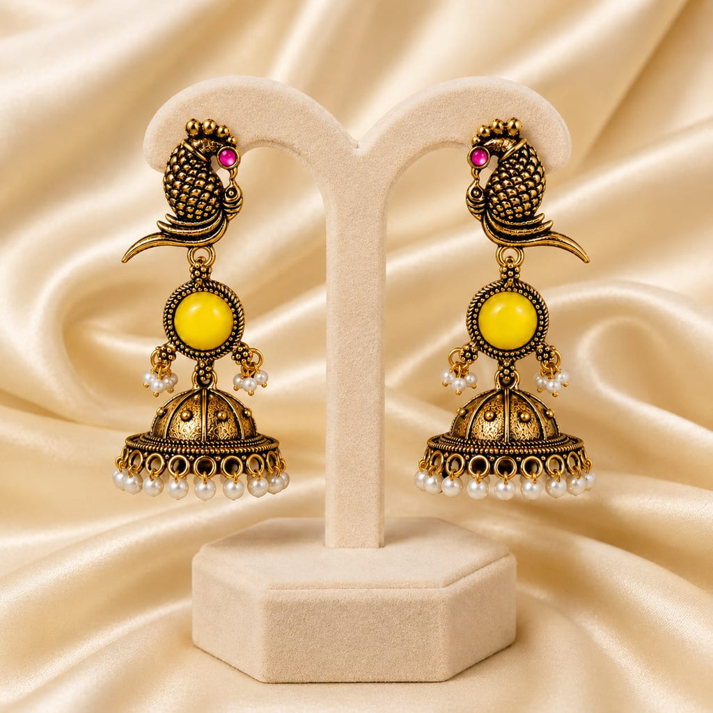 Antique Gold Parrot Jhumka Earrings with Yellow Stone & Pearl Drops