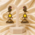 Antique Gold Parrot Jhumka Earrings with Yellow Stone & Pearl Drops