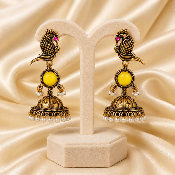 Antique Gold Parrot Jhumka Earrings with Yellow Stone & Pearl Drops