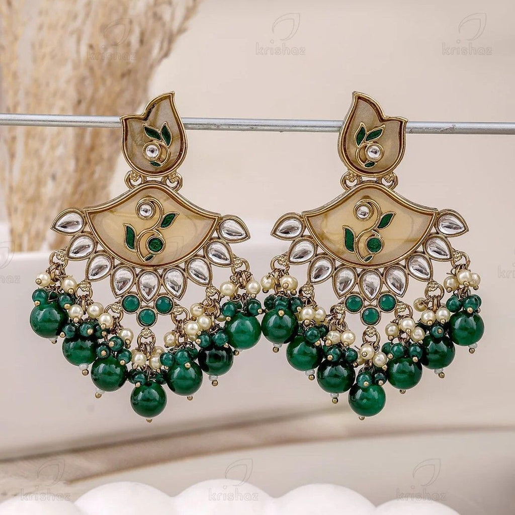 Kundan Chandbali Earrings with Emerald Green Beads & Pearl Drops