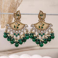 Kundan Chandbali Earrings with Emerald Green Beads & Pearl Drops
