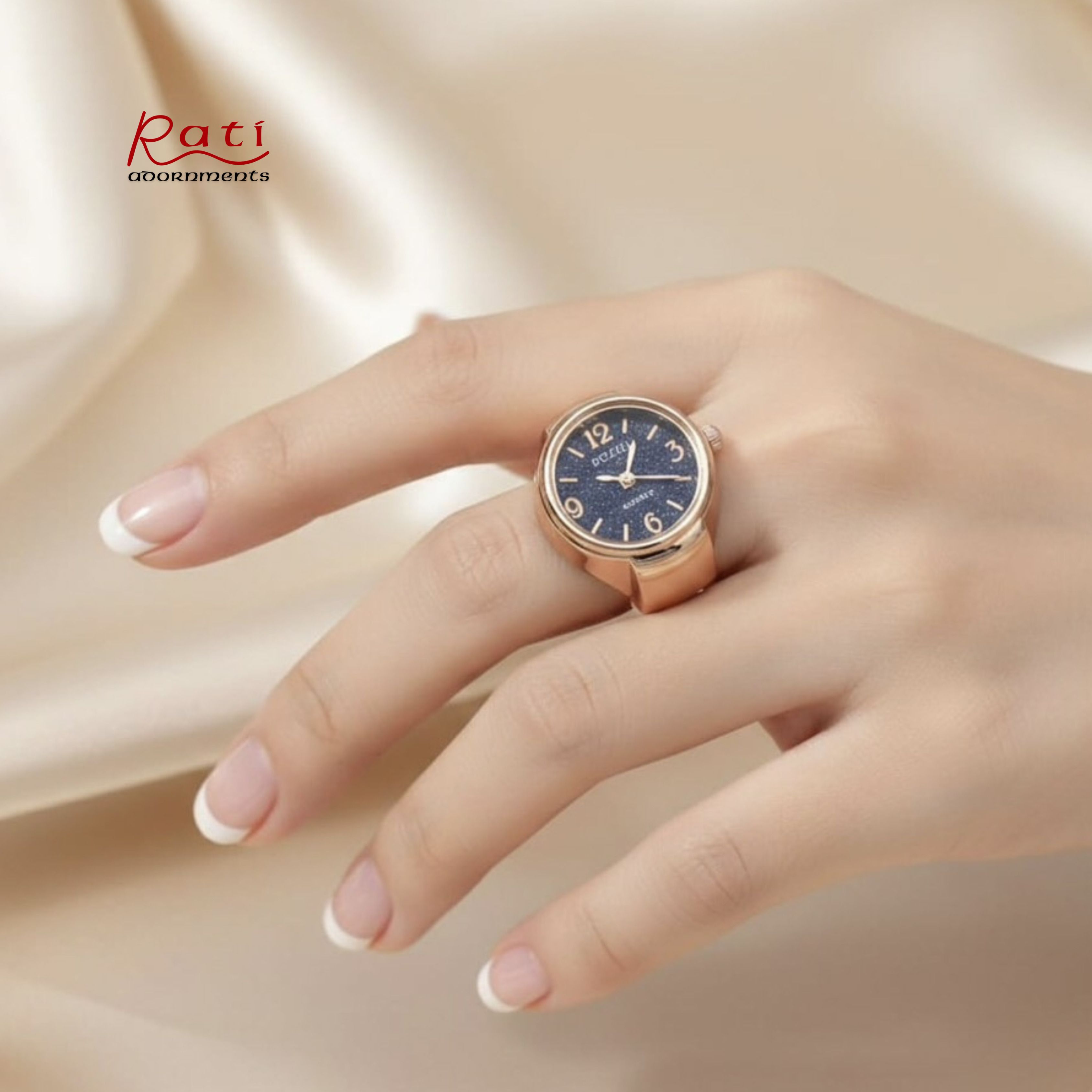 BOZHI Rose Gold Watch Ring – Blue Starry Dial Quartz