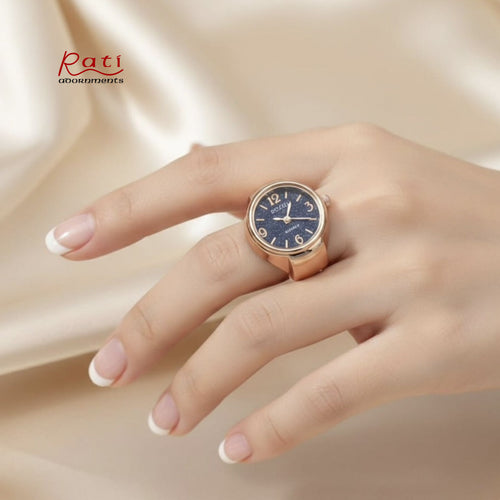 BOZHI Rose Gold Watch Ring – Blue Starry Dial Quartz