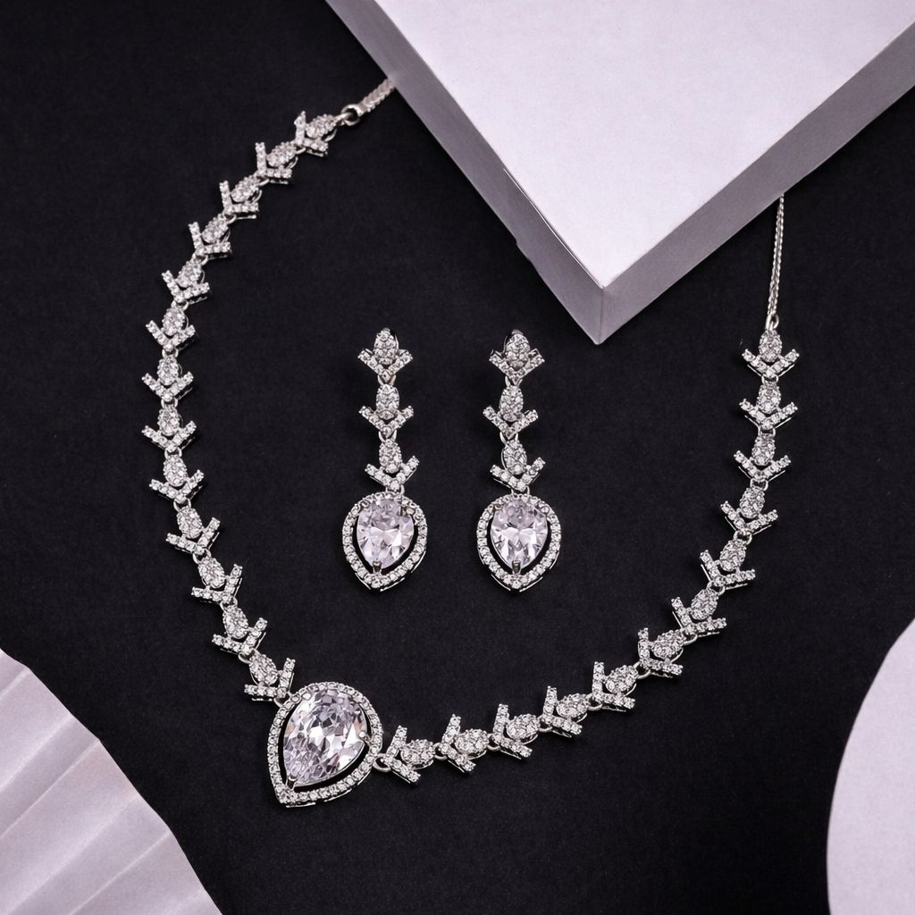 Silver CZ Diamond Teardrop Necklace & Earring Set