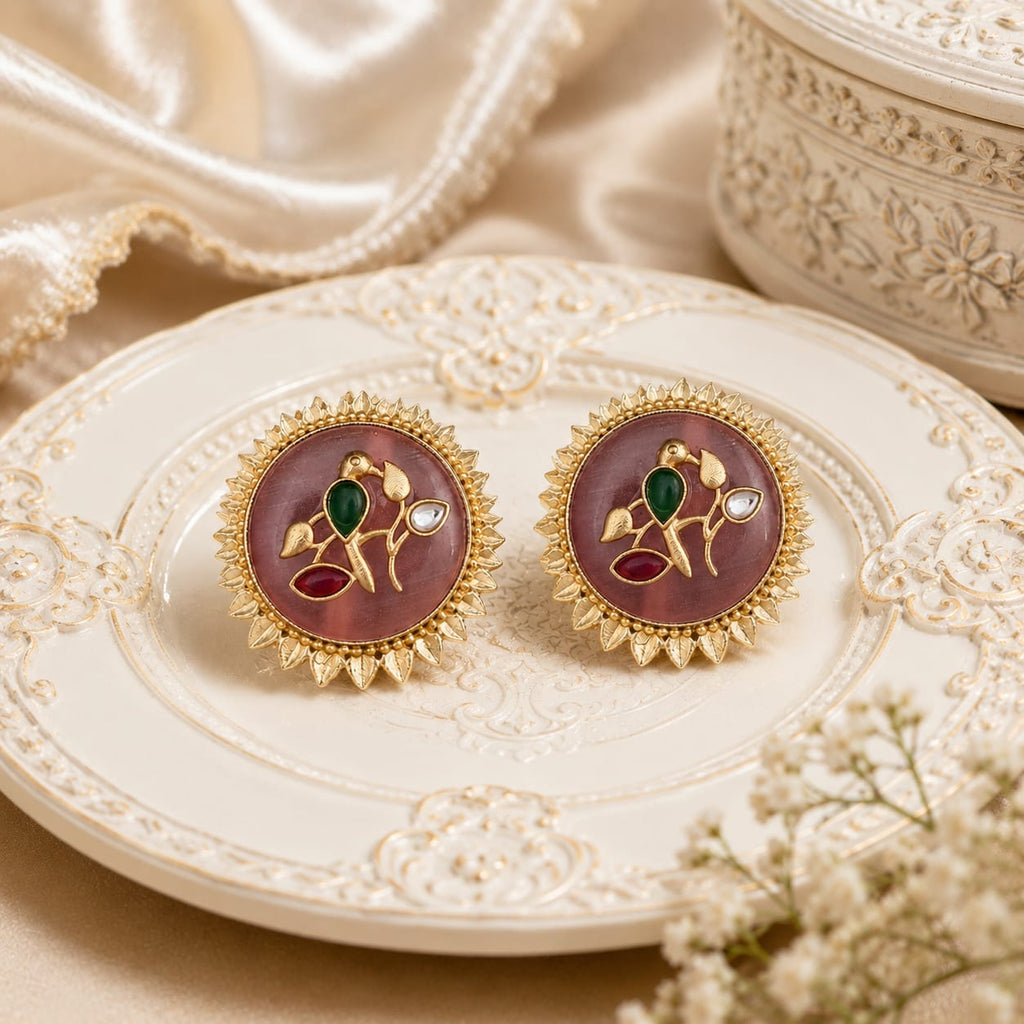 Gold-Tone Floral Bird Stud Earrings with Ruby, Emerald & Kundan Stones