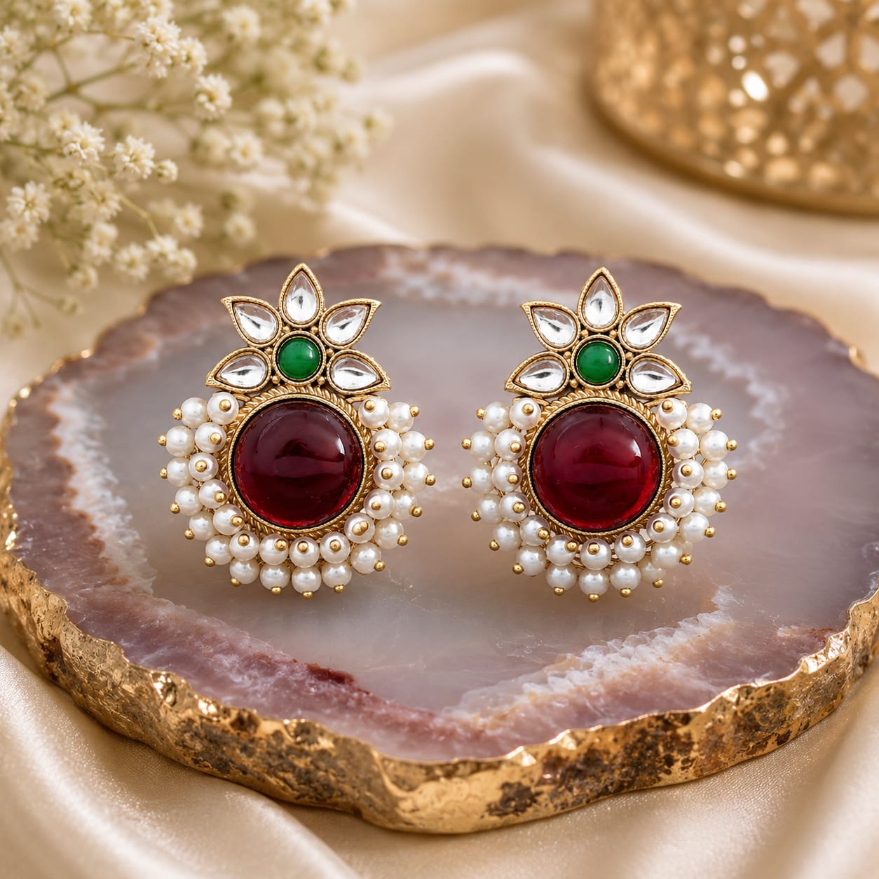 Gold Tone Kundan Stud Earrings with Ruby Centre & Pearl Cluster