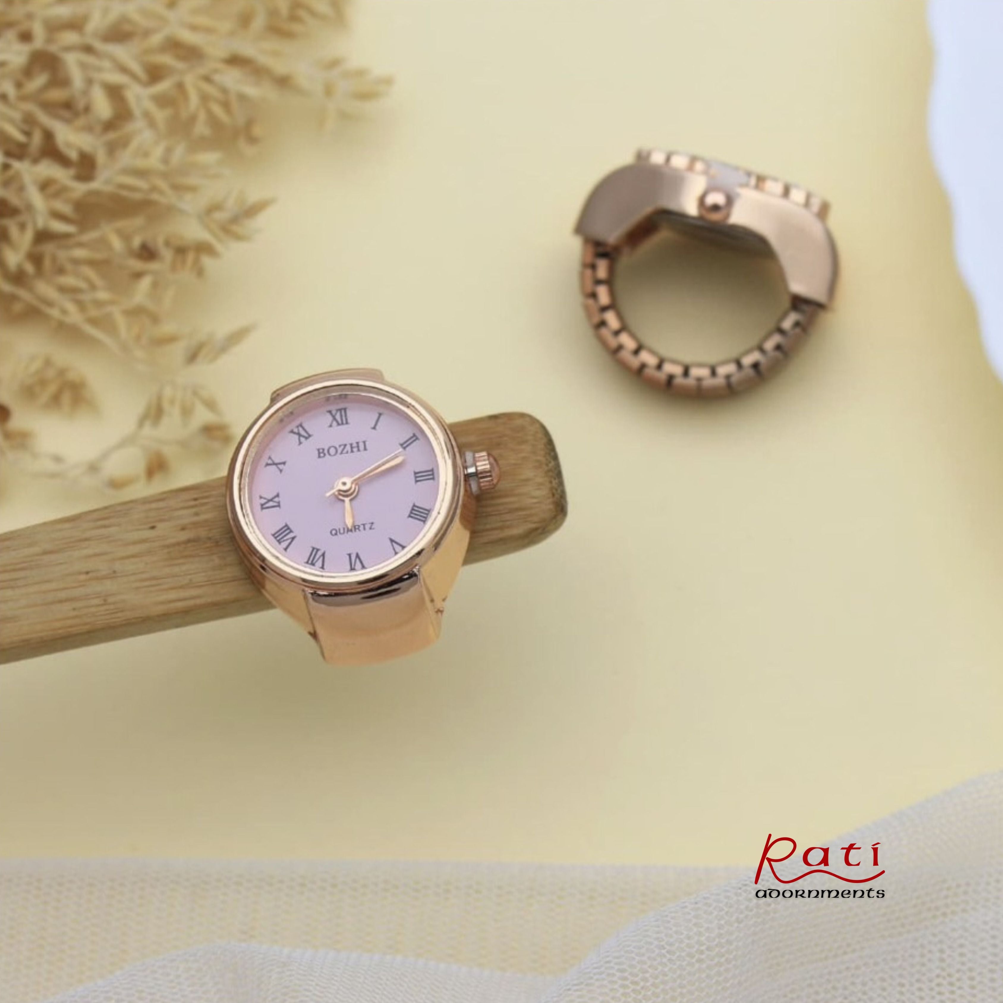 Rose Gold CZ Bezel Quartz Ring Watch – Roman Numeral Dial