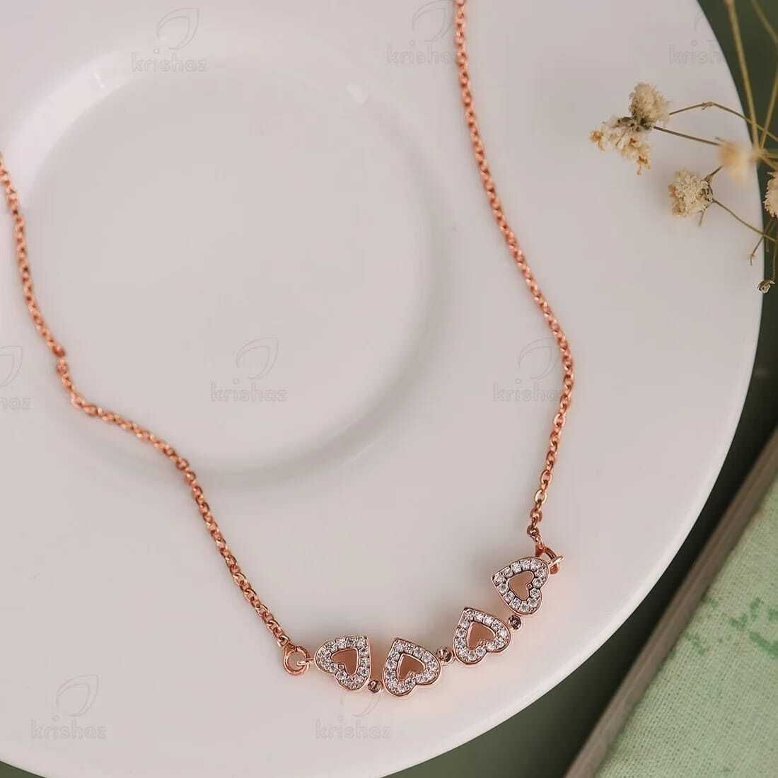 Rose Gold Four-Leaf Clover Heart CZ Pendant Necklace