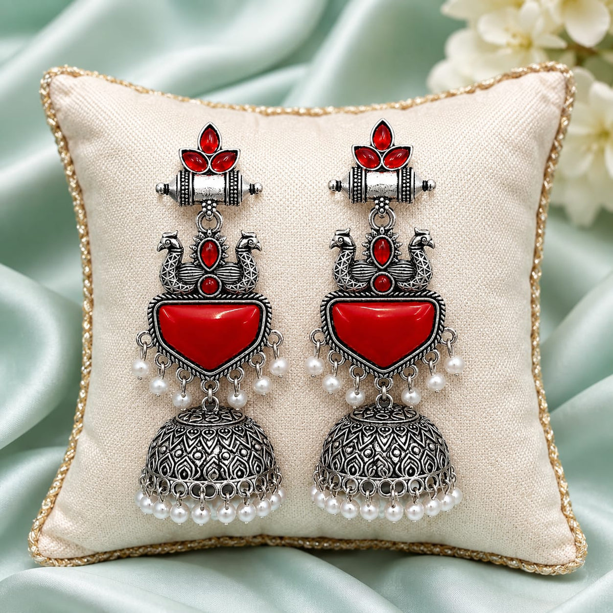 Oxidised Silver Peacock Jhumka with Red Stones & Pearl Drops
