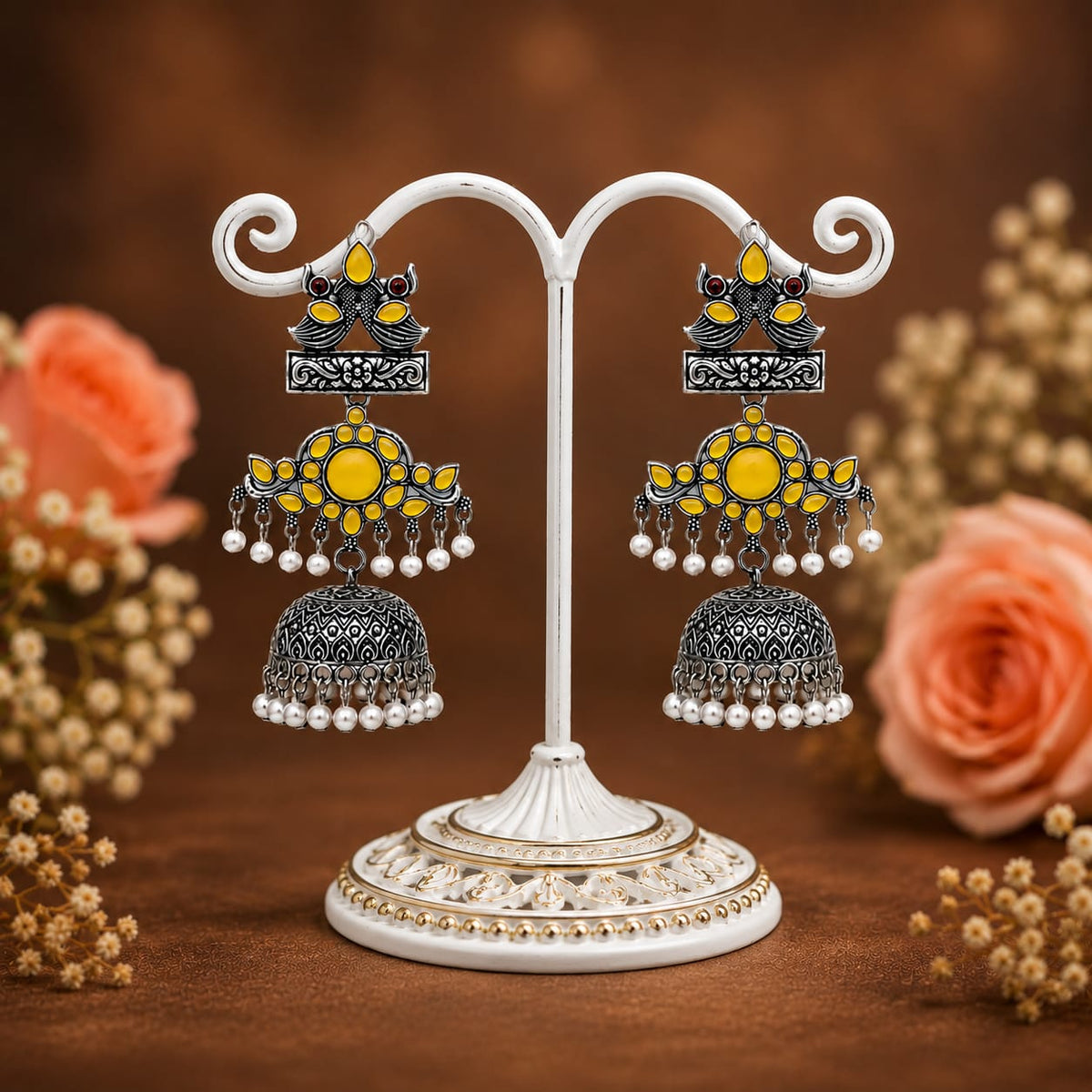 Yellow Peacock Jhumka Earrings in Oxidised Silver