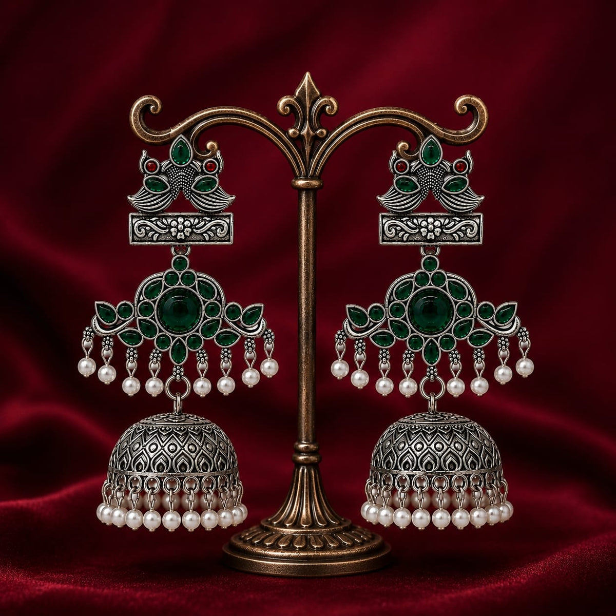 Green Peacock Jhumka Earrings in Oxidised Silver