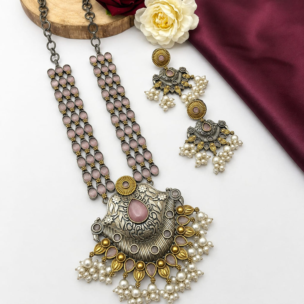 Oxidised Dual Tone Pink Stone Long Necklace Set with Jhumka Earrings