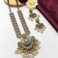 Oxidised Dual Tone Pink Stone Long Necklace Set with Jhumka Earrings