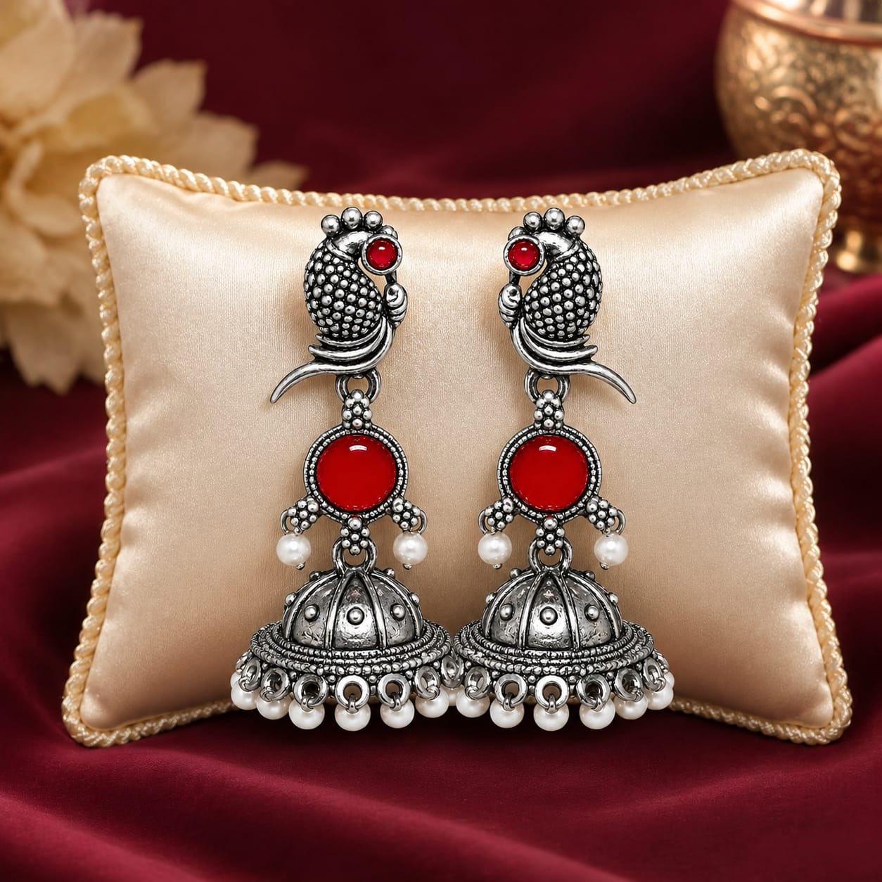 Oxidised Silver Parrot Jhumka Earrings with Red Stone & Pearl Drops