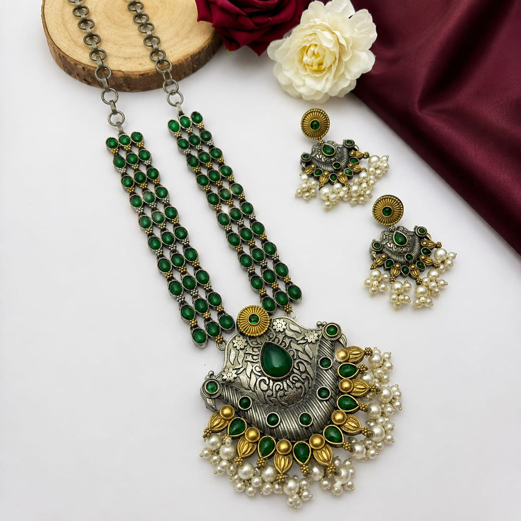Oxidised Dual Tone Green Stone Long Necklace Set with Jhumka Earrings