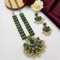 Oxidised Dual Tone Green Stone Long Necklace Set with Jhumka Earrings