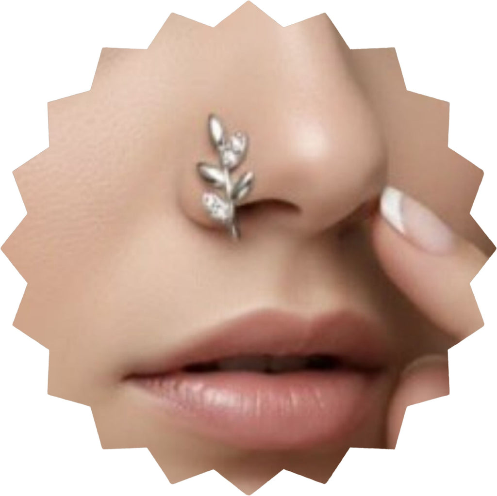 Silver Leaf Nose Pin with Crystal Accents