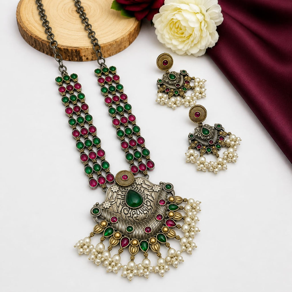Oxidised Dual Tone Ruby & Emerald Gemstone Long Necklace Set with Jhumka Earrings