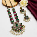 Oxidised Dual Tone Ruby & Emerald Gemstone Long Necklace Set with Jhumka Earrings
