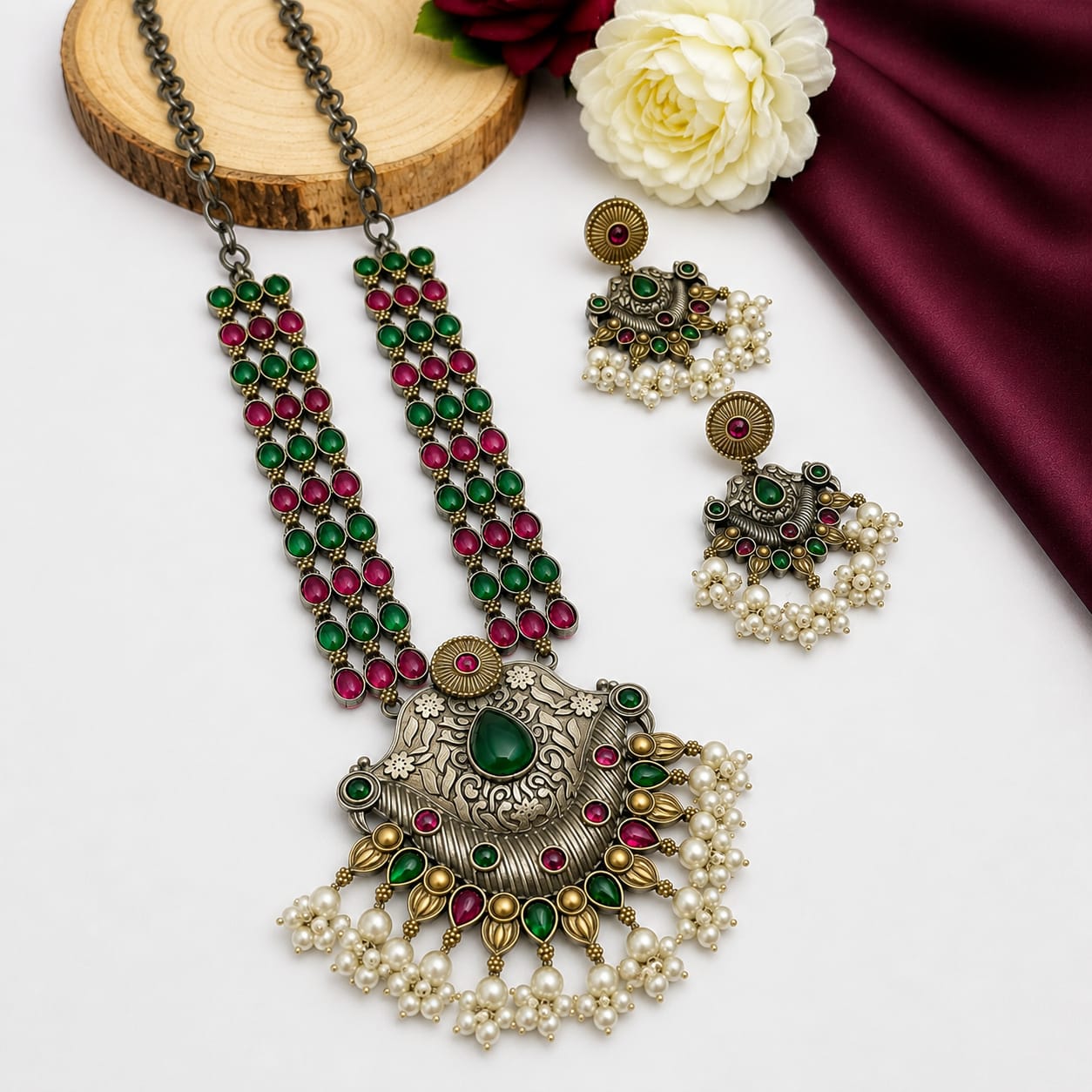 Oxidised Dual Tone Ruby & Emerald Gemstone Long Necklace Set with Jhumka Earrings