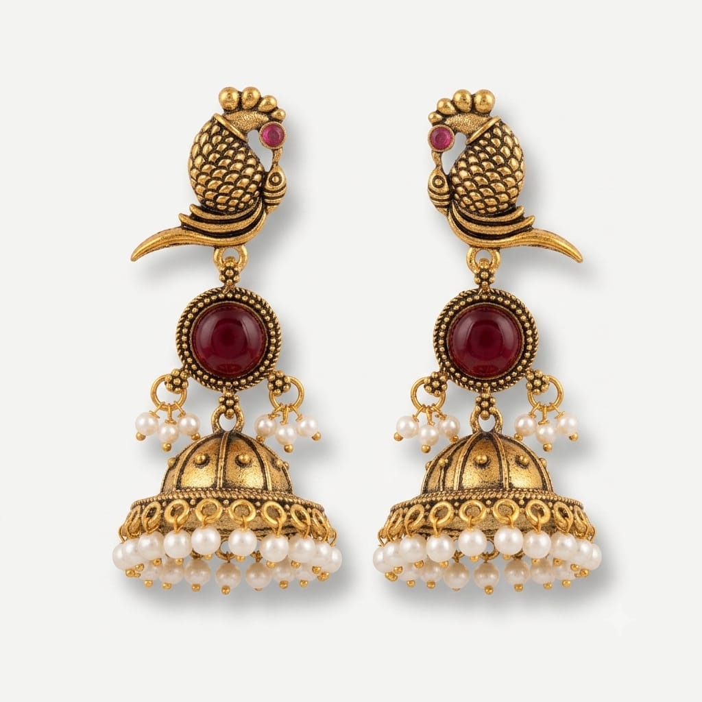 Antique Gold Parrot Jhumka Earrings with Ruby Red Stone & Pearl Drops