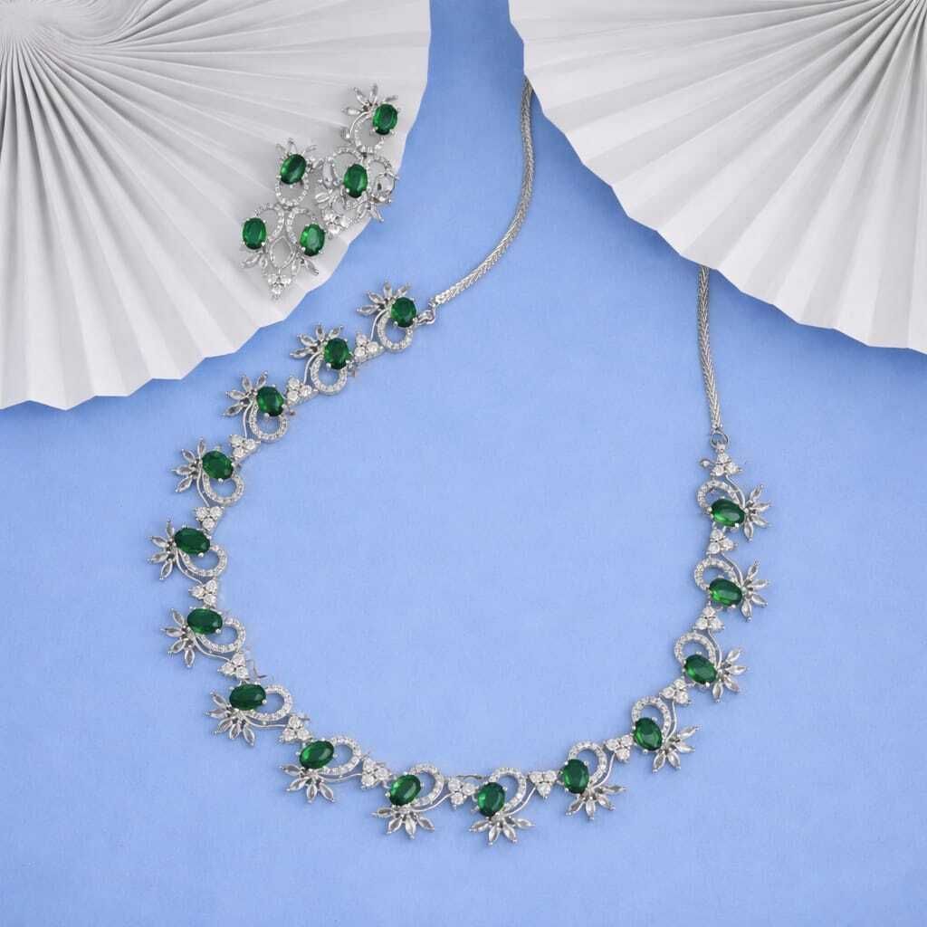 Emerald Green & CZ Diamond Floral Necklace & Earrings Set