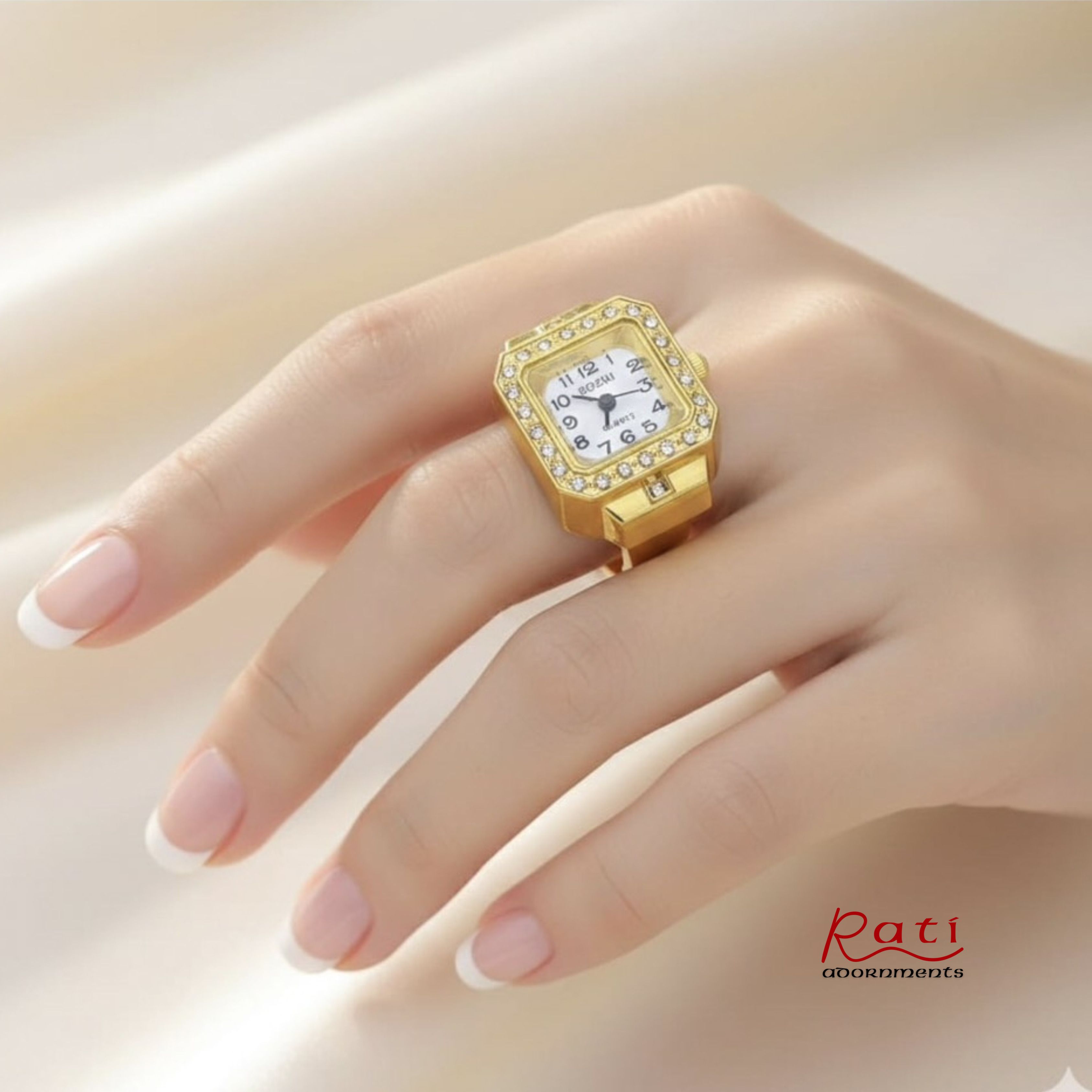 Gold Square CZ Border Quartz Ring Watch – White Dial