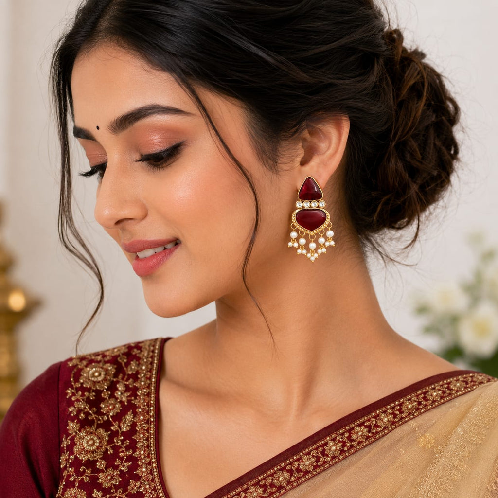 Gold Tone Ruby Cabochon Drop Earrings with Kundan & Pearl Tassels