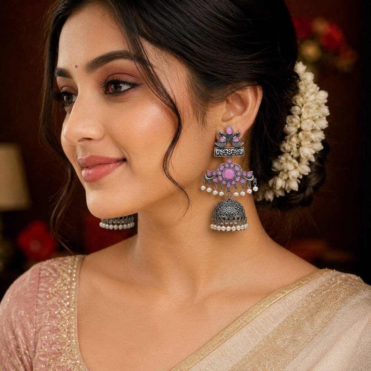 Pink Peacock Jhumka Earrings in Oxidised Silver