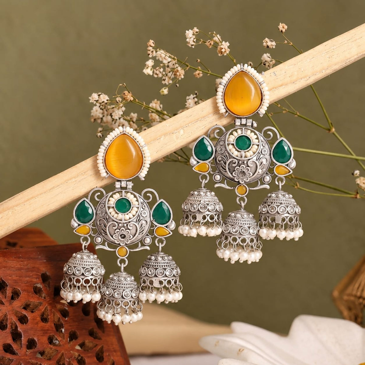 Oxidised Silver Triple Jhumka Earrings with Amber & Green Stone