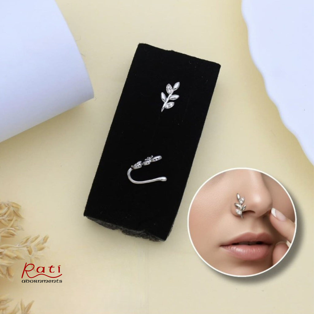 Silver Leaf Nose Pin with Crystal Accents