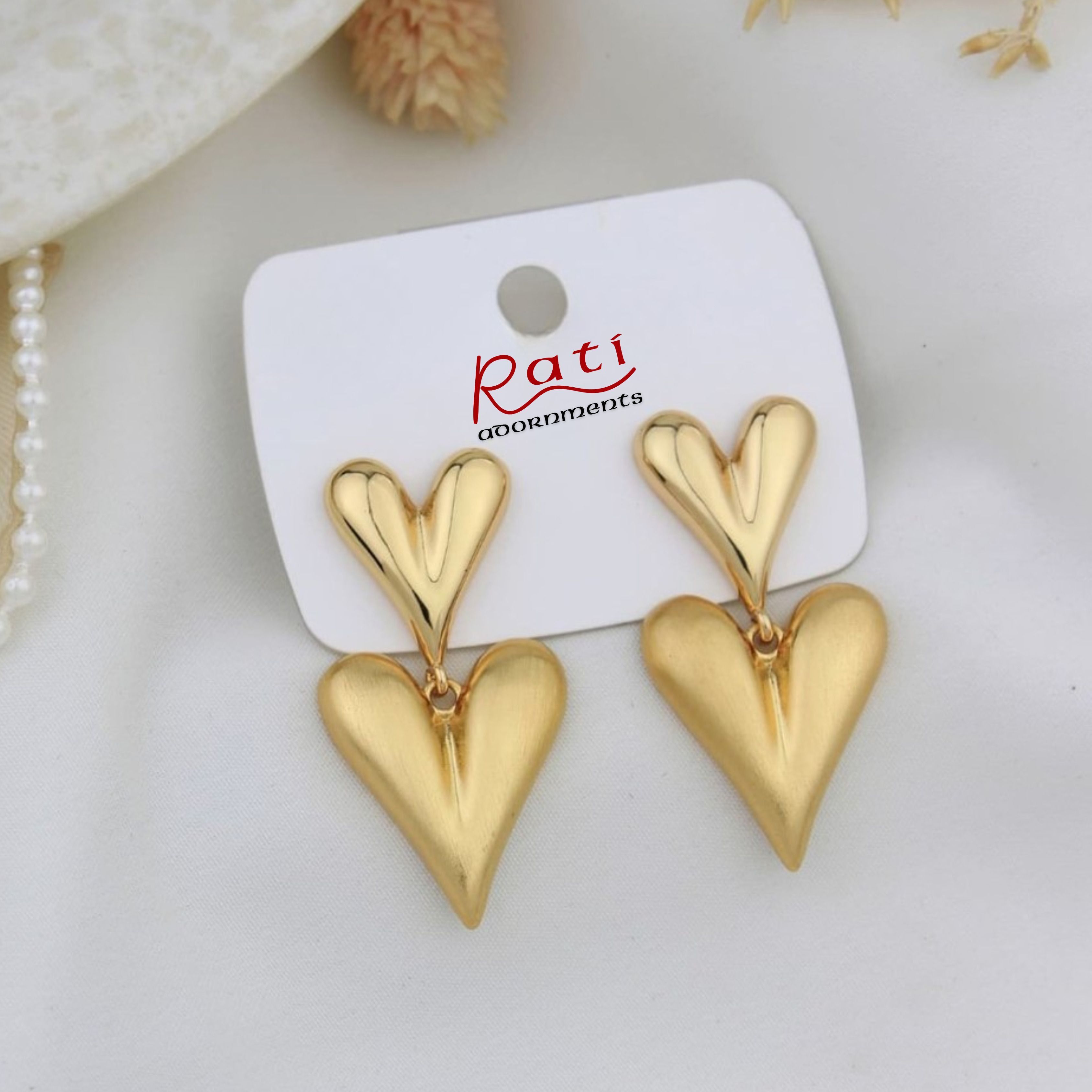 Gold Double Heart Drop Earrings