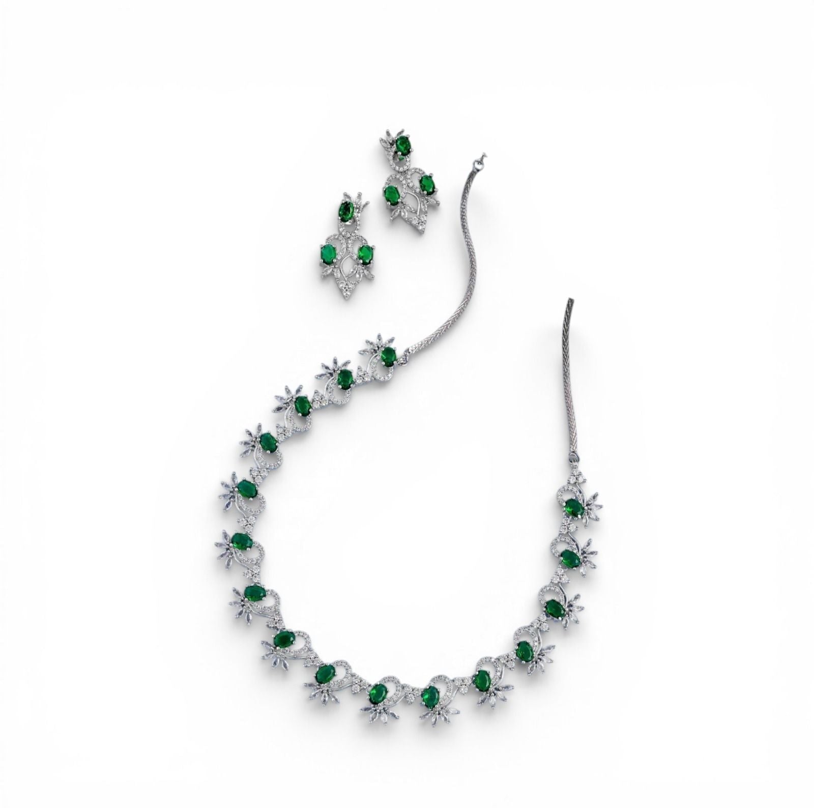 Emerald Green & CZ Diamond Floral Necklace & Earrings Set