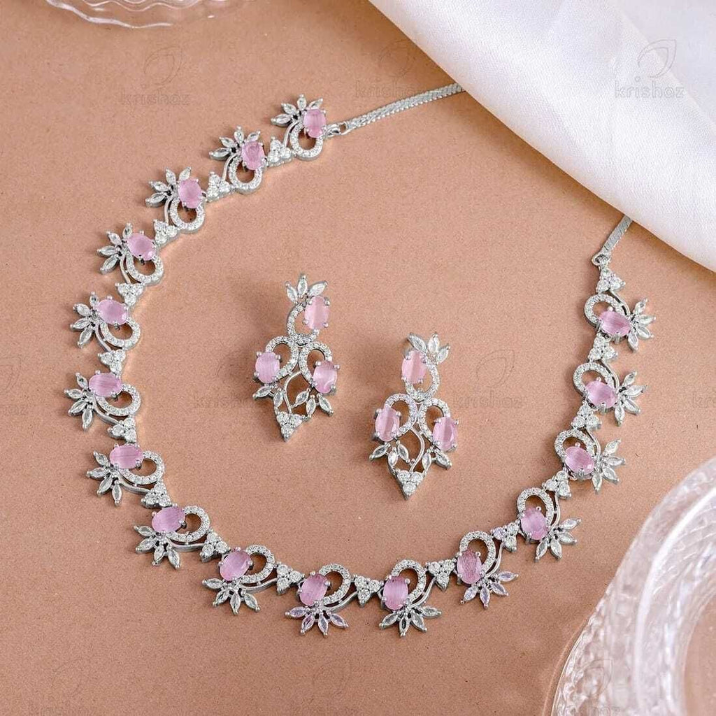 Pink Rose Quartz & CZ Diamond Floral Necklace & Earrings Set