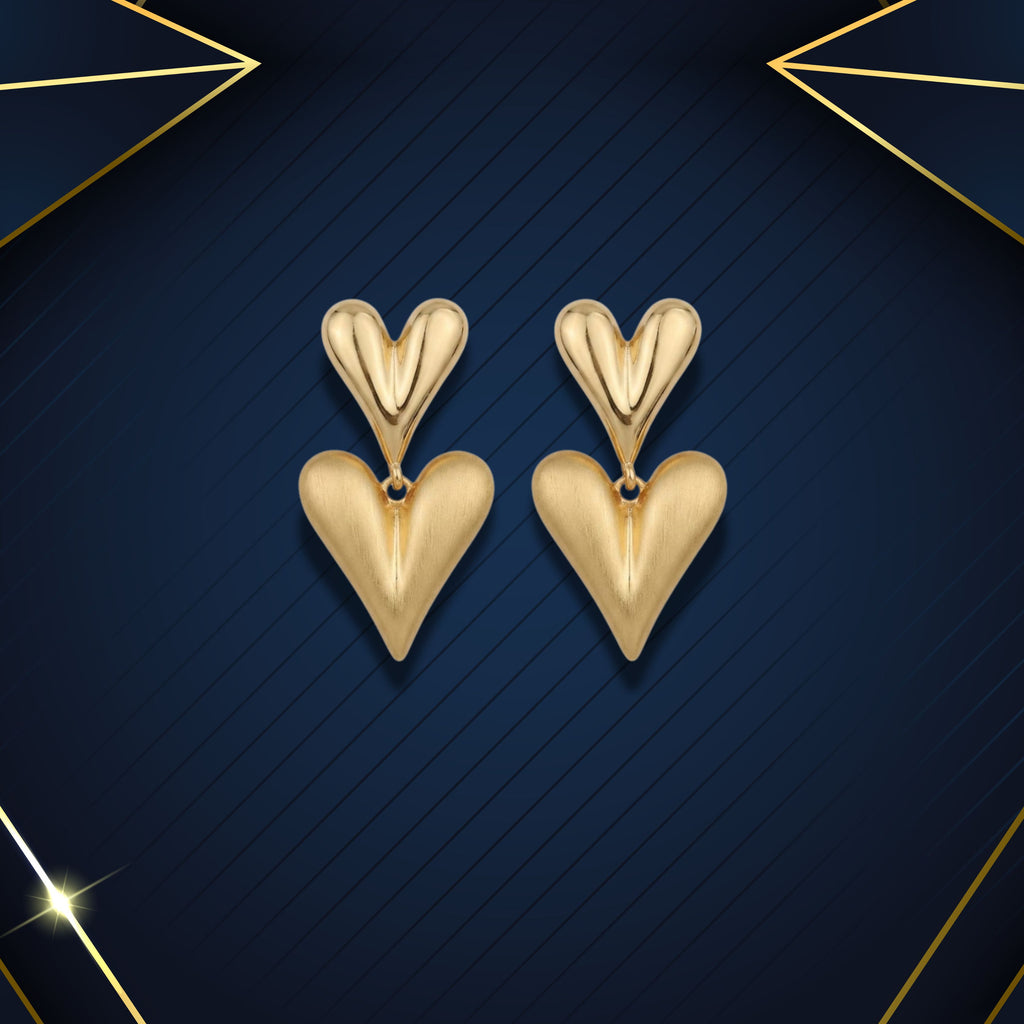 Gold Double Heart Drop Earrings