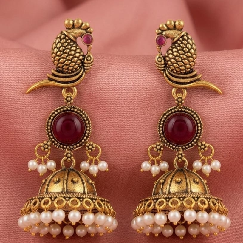 Antique Gold Parrot Jhumka Earrings with Ruby Red Stone & Pearl Drops