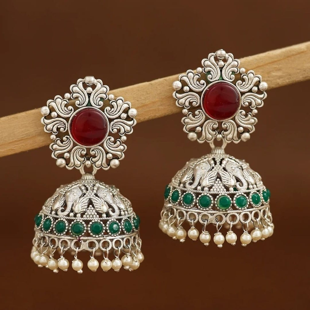 Oxidised Silver Ganesha Jhumki Earrings with Ruby Stone & Emerald Drops