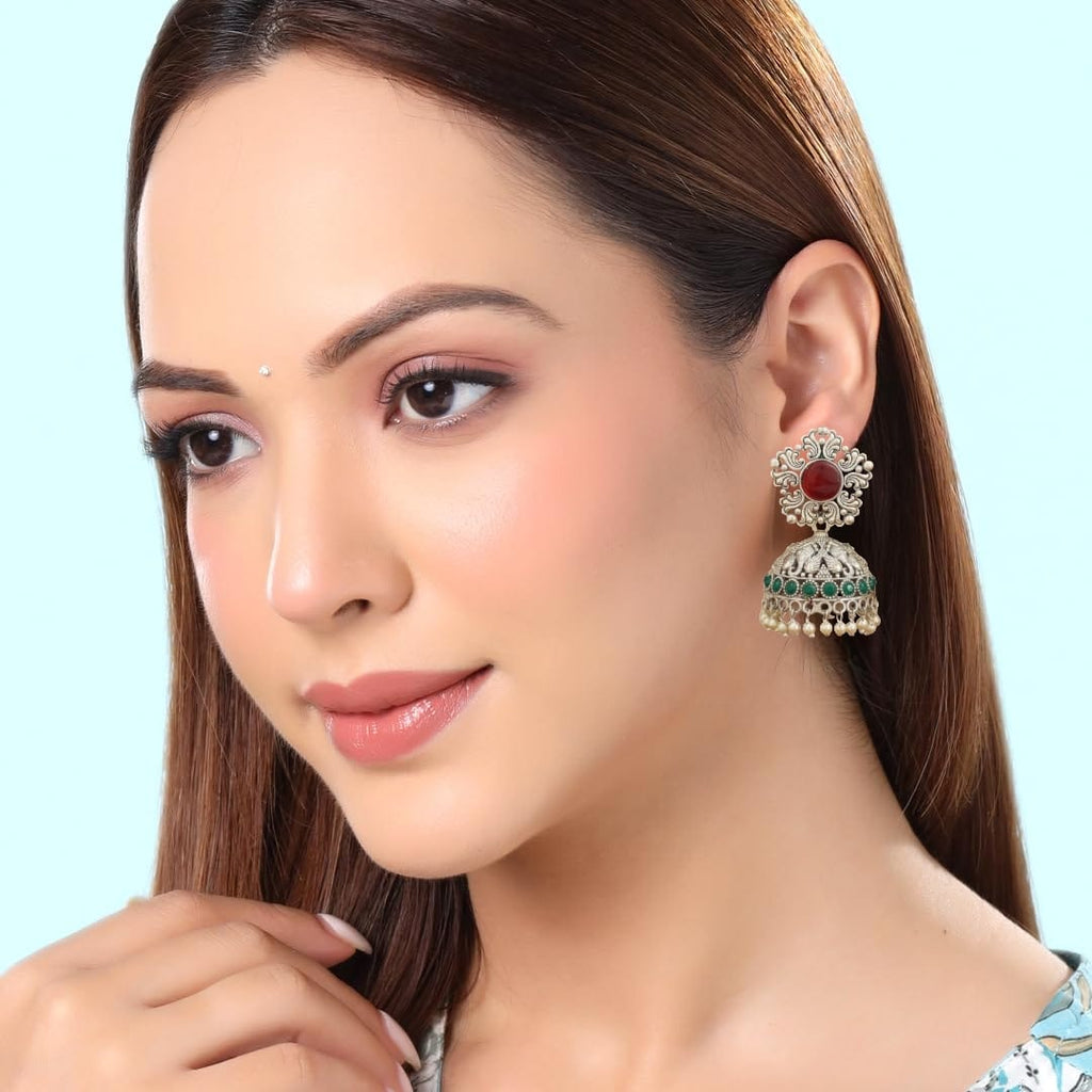 Oxidised Silver Ganesha Jhumki Earrings with Ruby Stone & Emerald Drops