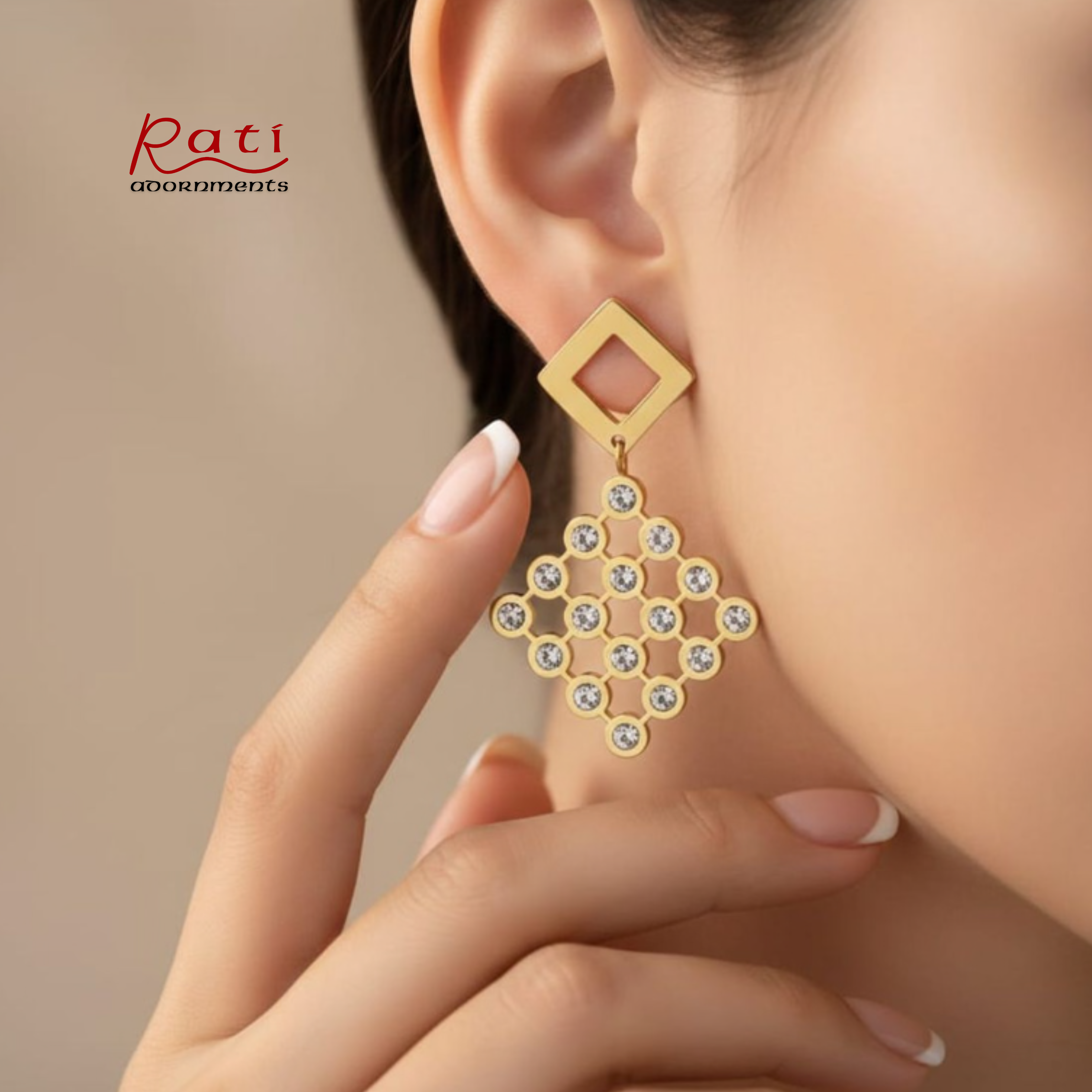 Gold CZ Grid Square Drop Earrings – Geometric Diamond Dangles