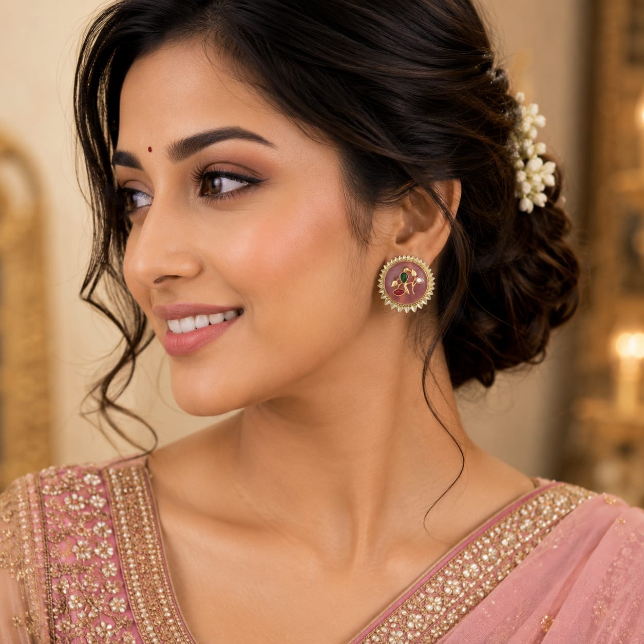 Gold-Tone Floral Bird Stud Earrings with Ruby, Emerald & Kundan Stones