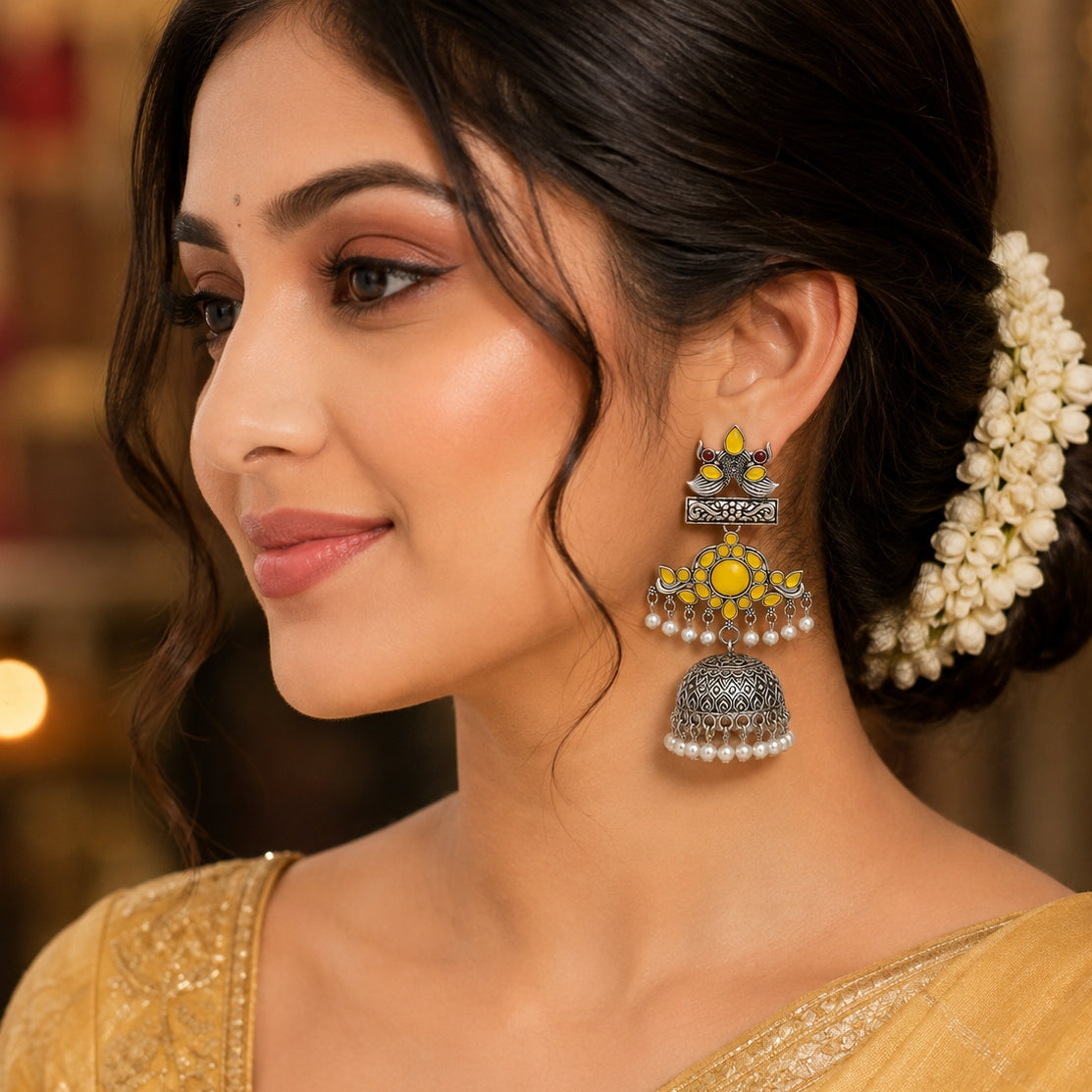Yellow Peacock Jhumka Earrings in Oxidised Silver