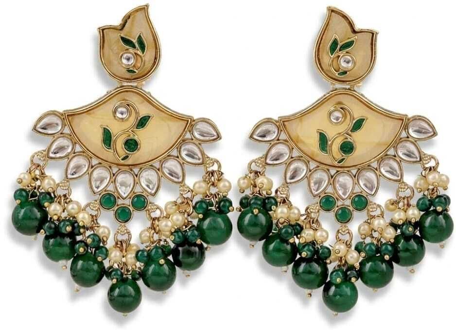 Kundan Chandbali Earrings with Emerald Green Beads & Pearl Drops
