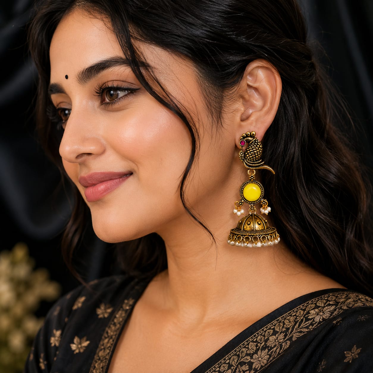 Antique Gold Parrot Jhumka Earrings with Yellow Stone & Pearl Drops