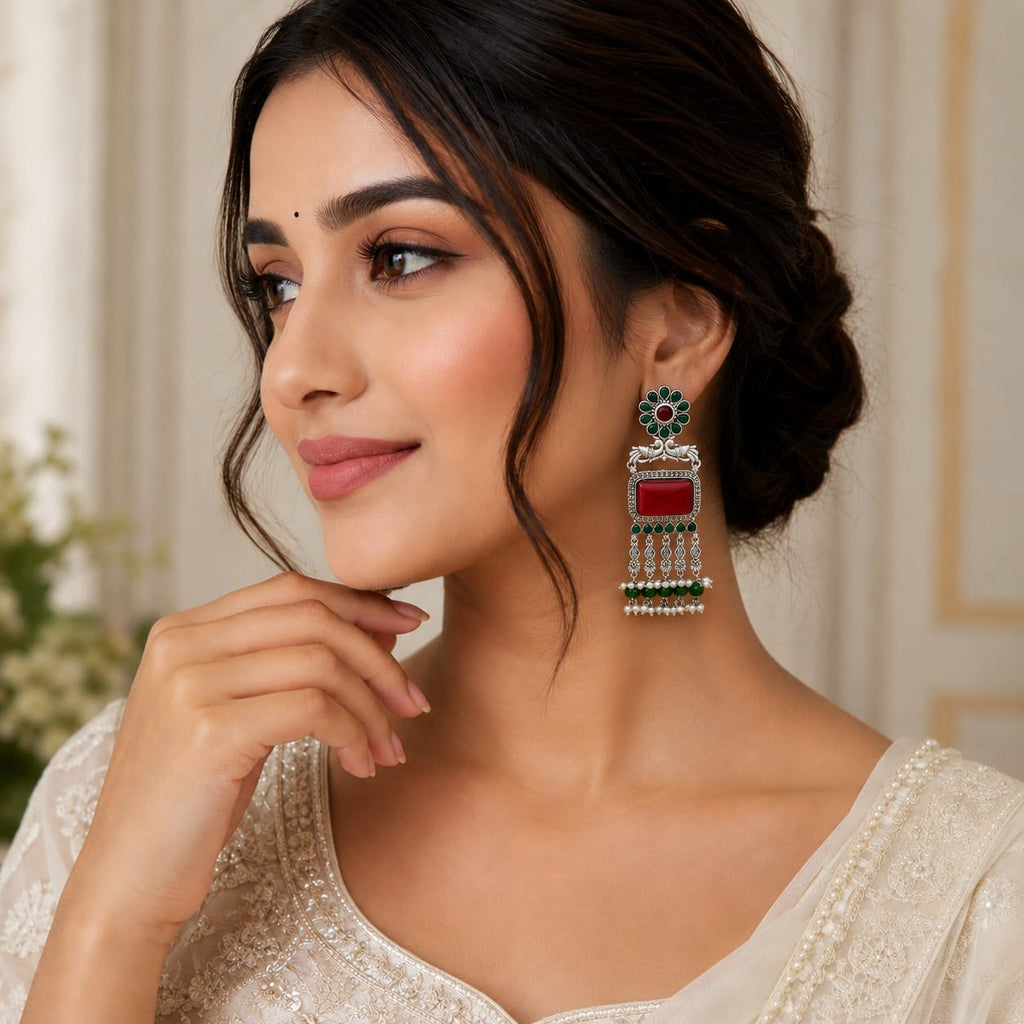 Oxidised Silver Peacock Chandbali with Red Onyx & Emerald Pearl Drops