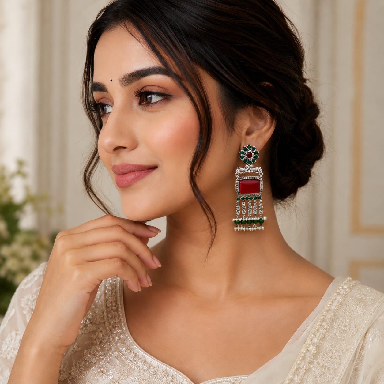 Oxidised Silver Peacock Chandbali with Red Onyx & Emerald Pearl Drops